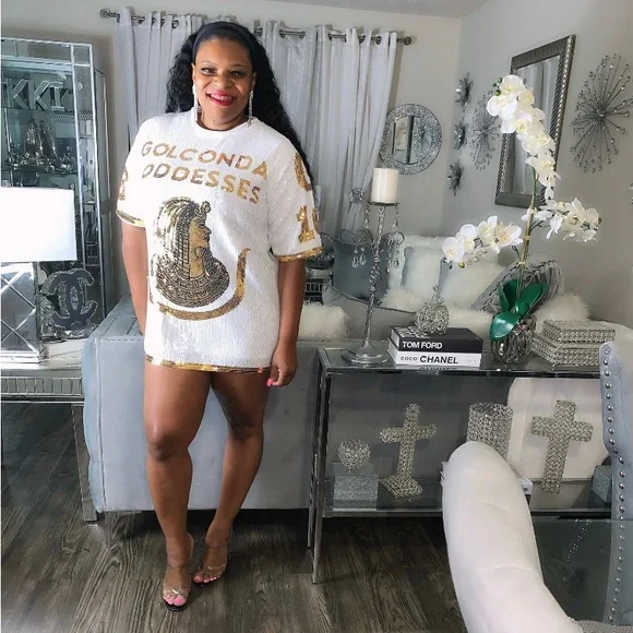 Sale! Sequin shirt dress mini white gold - Picture 2 of 8